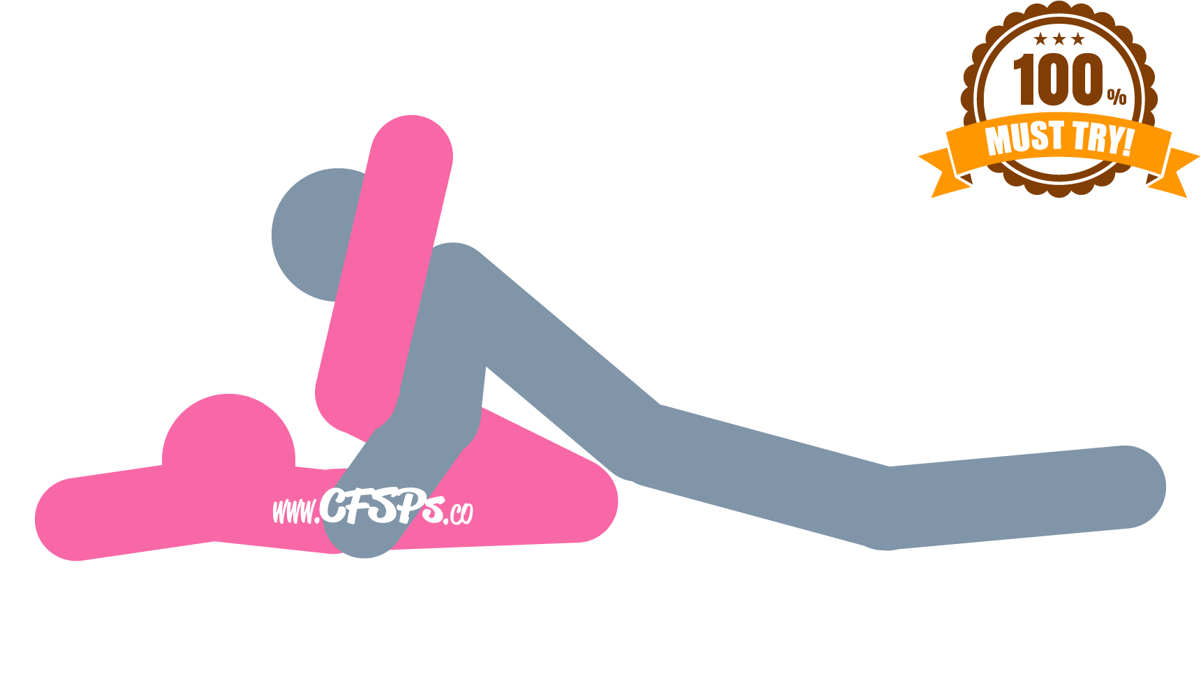 This stick figure image depicts a man and woman having sex in the Squashing the Deckchair sex position. The woman is lying on her back with her arms above her head and her knees near her chest. The man is lying on top of her between her legs with his arms supporting his body on the bed near her sides. His arms are pushing her legs back, and they are resting on his shoulders.