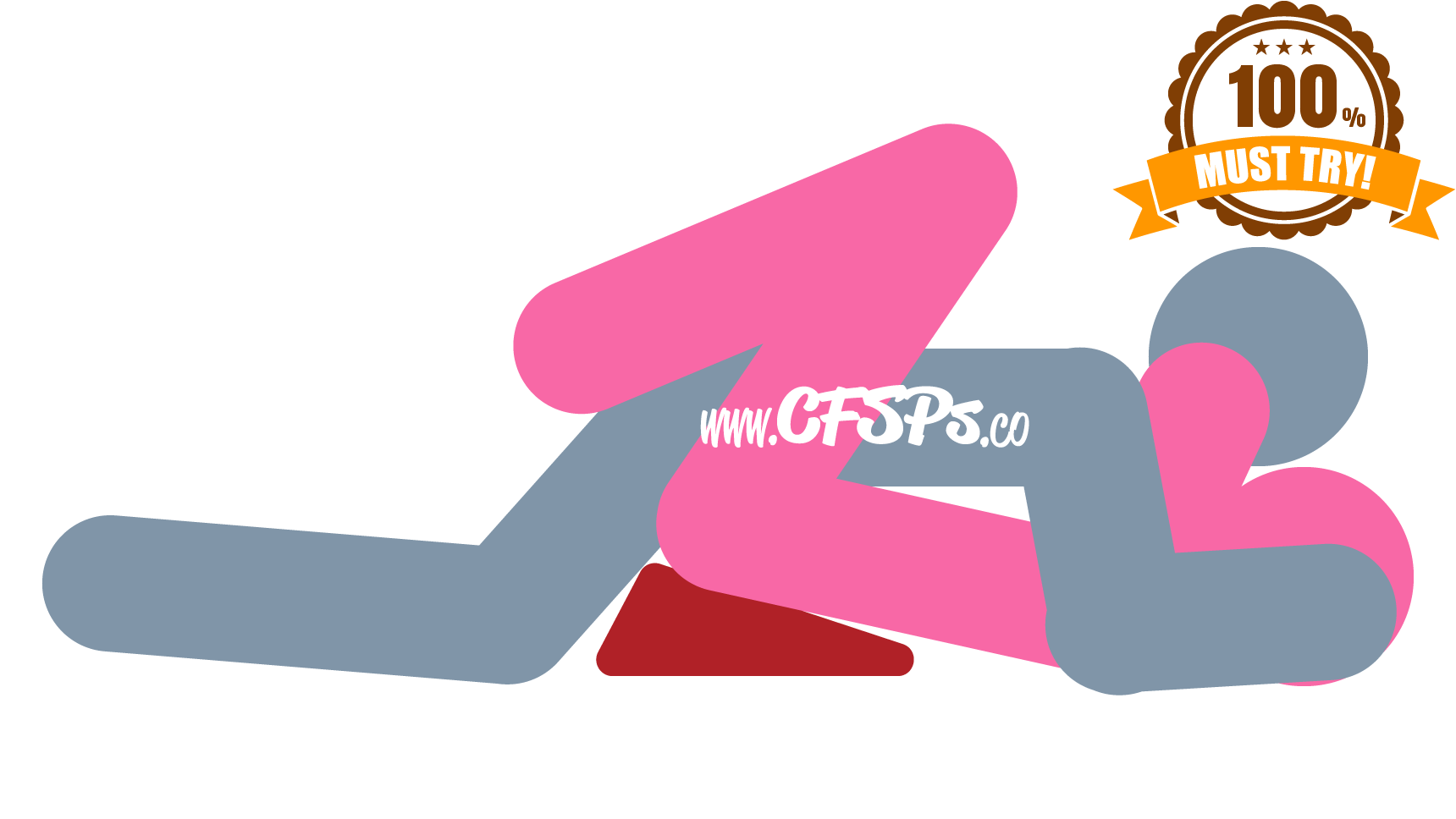 This stick figure image depicts a man and woman having sex in the Adapted Missionary sex position. The woman is lying on her back with a Liberator Wedge sex pillow under her butt, her legs open, bent, and knees halfway to her chest. The man is lying between her legs and supporting his upper body with his elbows near her shoulders.