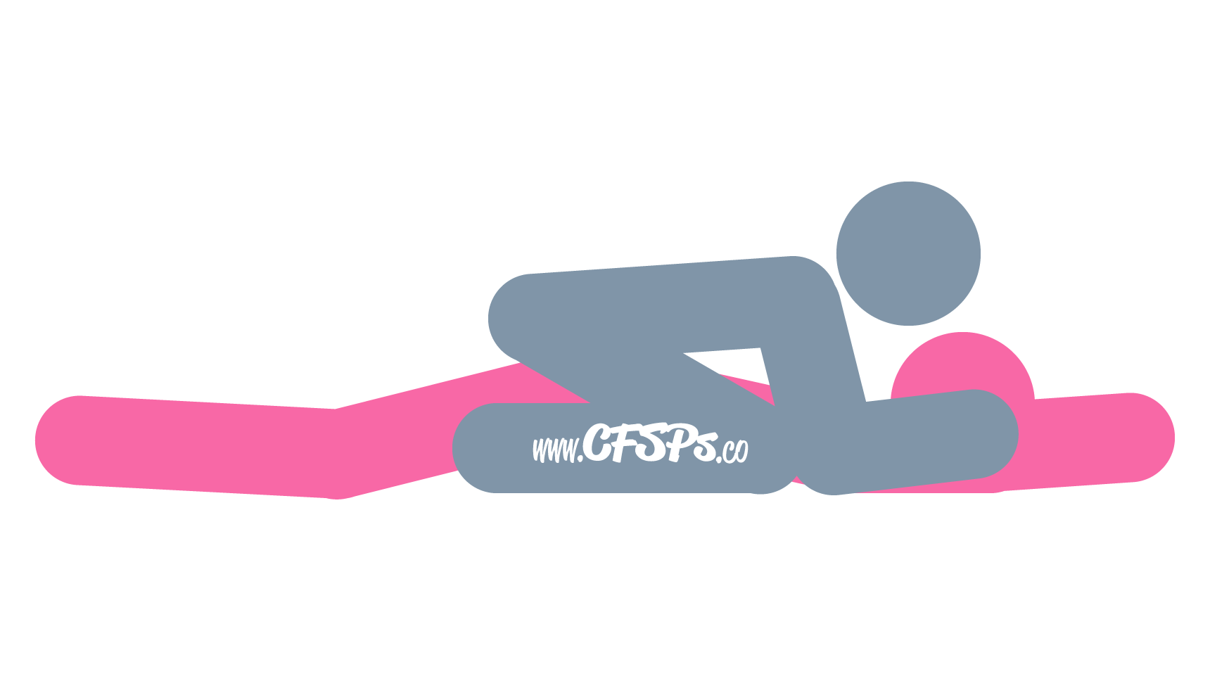 This stick figure image depicts a man and woman having sex in the Froggy Style sex position. The woman is lying on her stomach with a Liberator Wedge sex pillow under her pelvis. The man is straddling her butt with his knees near her sides and his pelvis lowered behind her butt. He's also leaning forward with his elbows supporting his upper body on the bed near her shoulders.