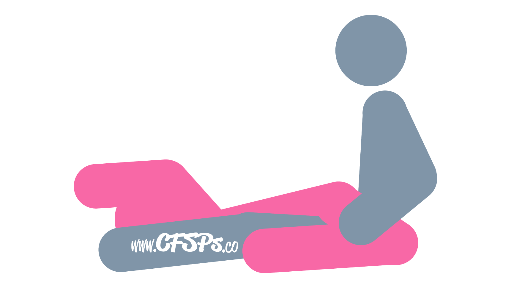 This stick figure image depicts a man and woman having sex in the Exposed Eagle sex position. The man is sitting with his legs open and straight out. The woman is straddling his pelvis with her knees on the bed just behind his butt and lying back on the bed between his legs.