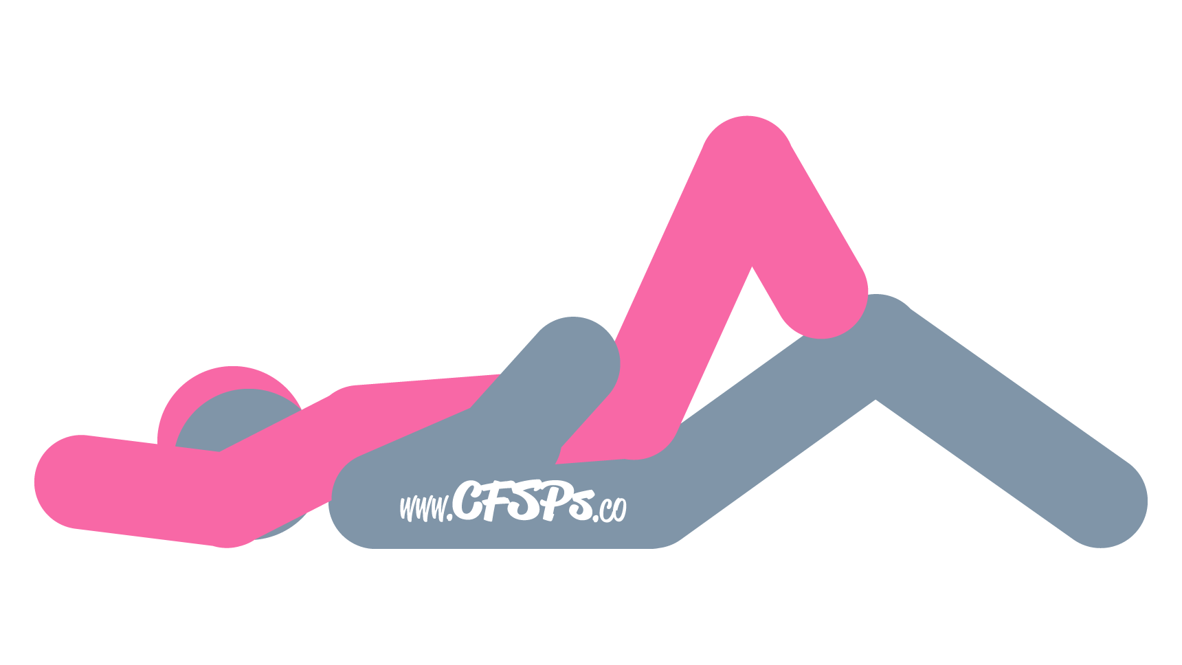 This stick figure image depicts a man and woman having sex in the Bent Spoon sex position. The man is lying on his back with his knees bent and feet on the bed. The woman is lying on her back on top of him with her butt on his pelvis and feet resting on his knees.