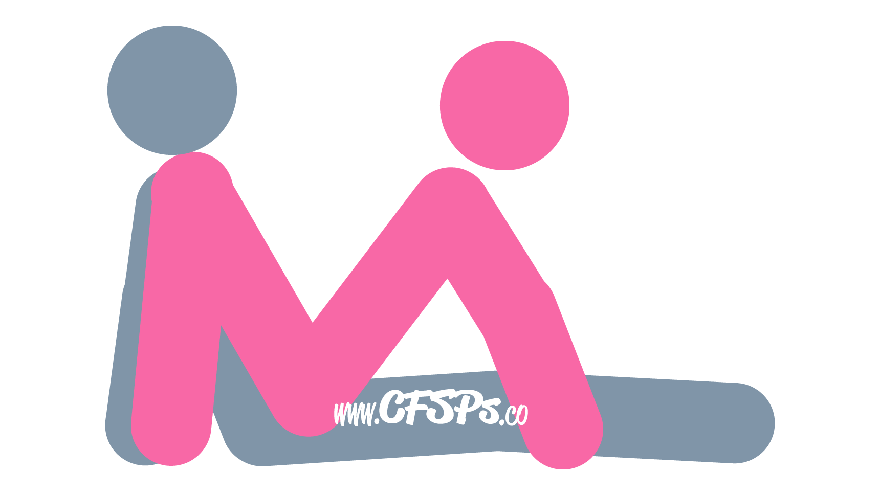 This stick figure image depicts a man and woman having sex in the See-Saw sex position. The man is sitting with his legs straight out, and he's supporting his upper body with his arms behind him. The woman is straddling his pelvis while facing him. Her feet are on the bed next to his hands; she's leaning back, and her hands support her body on the bed near his feet. She's using her feet and arms to hover her pelvis over his.