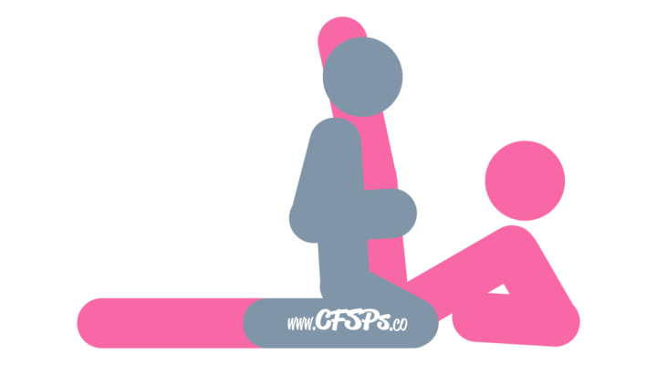 An illustration of the Harp sex position. This picture demonstrates how Harp is a deeply penetrating sex position that's enjoyed while the woman is on her side and the man is straddling her.