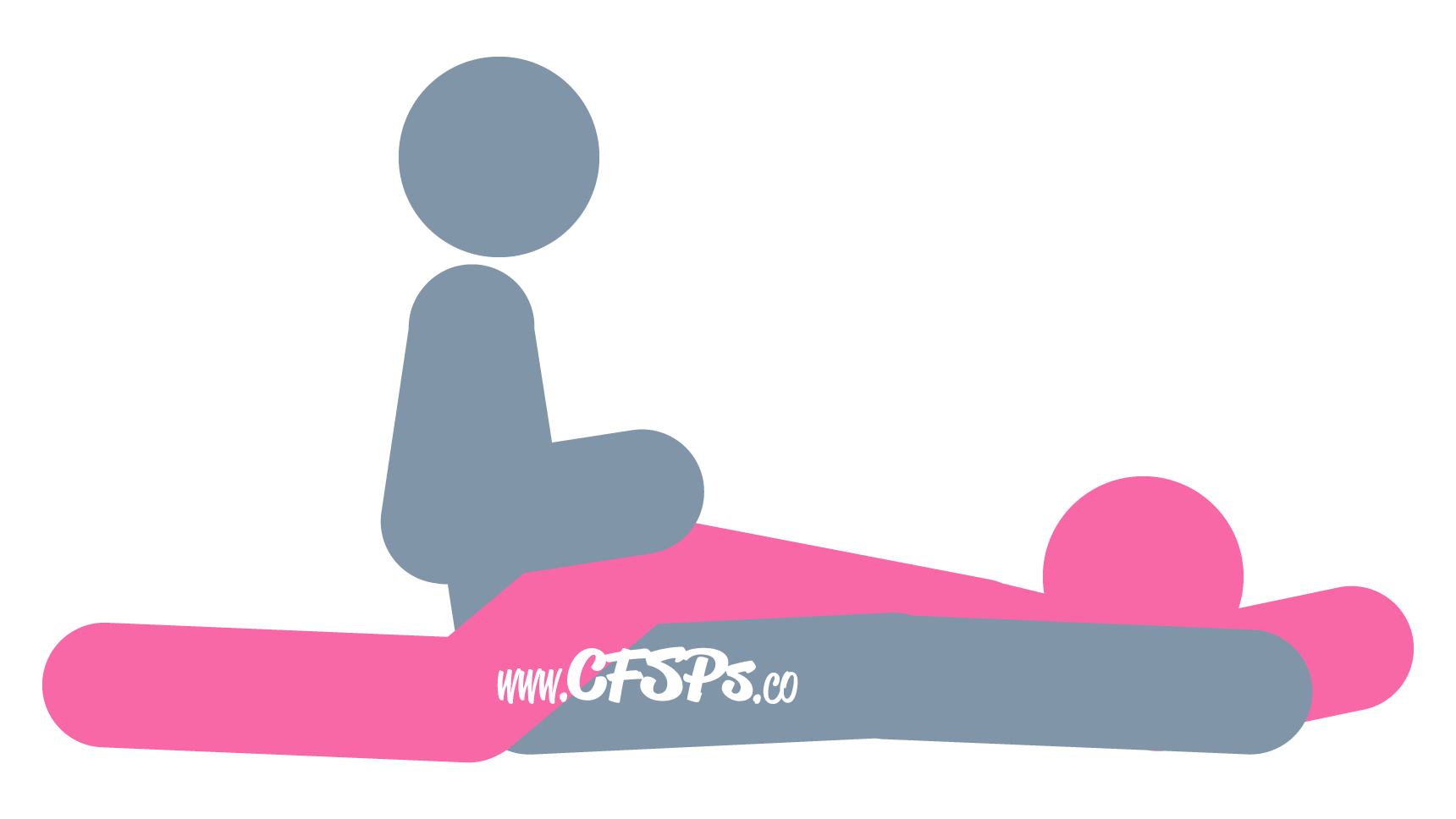 This stick figure image depicts a man and woman having sex in the Sledge sex position. The man is sitting with his legs straight out. The woman is straddling his pelvis while lying on her stomach, her head near his feet and legs out behind him.