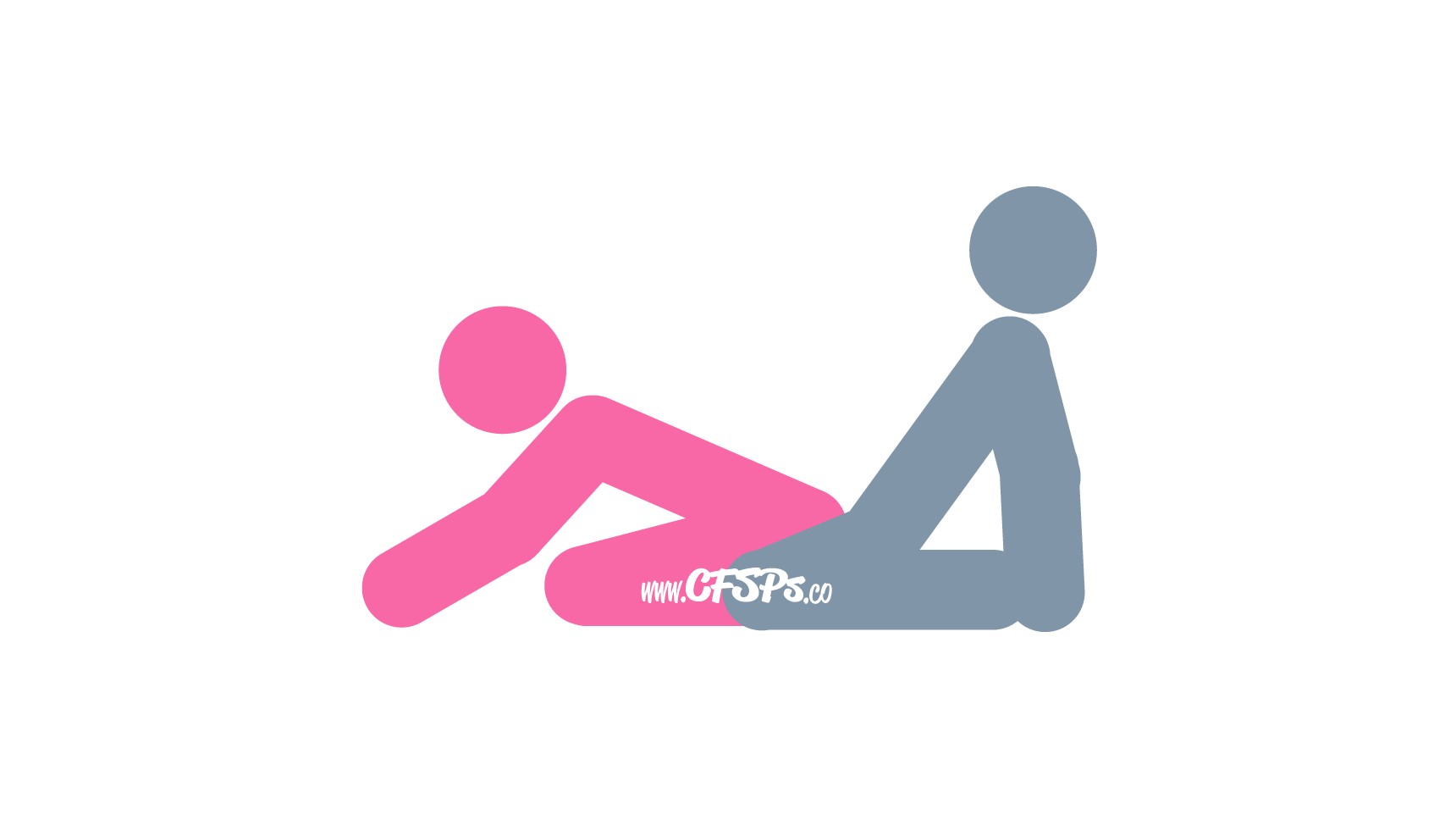 This stick figure image depicts a man and woman having sex in the Camel Style 1 sex position. The man is kneeling, sitting back on his feet, and supporting his upper body with his arms behind him as he leans back a little. The woman is sitting back on her knees between his legs onto his pelvis while facing away from him and leaning forward with her hands on the bed.