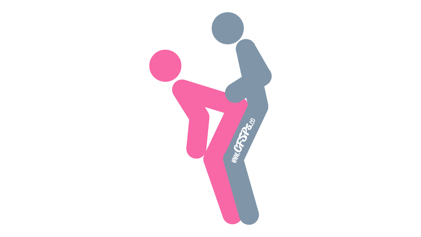 This stick figure image depicts a man and woman having sex in the Fast and Furious sex position. The woman is standing with her knees bent a little, leaning forward, and supporting her upper body with her hands on her knees. The husband is standing behind her and holding onto her hips.
