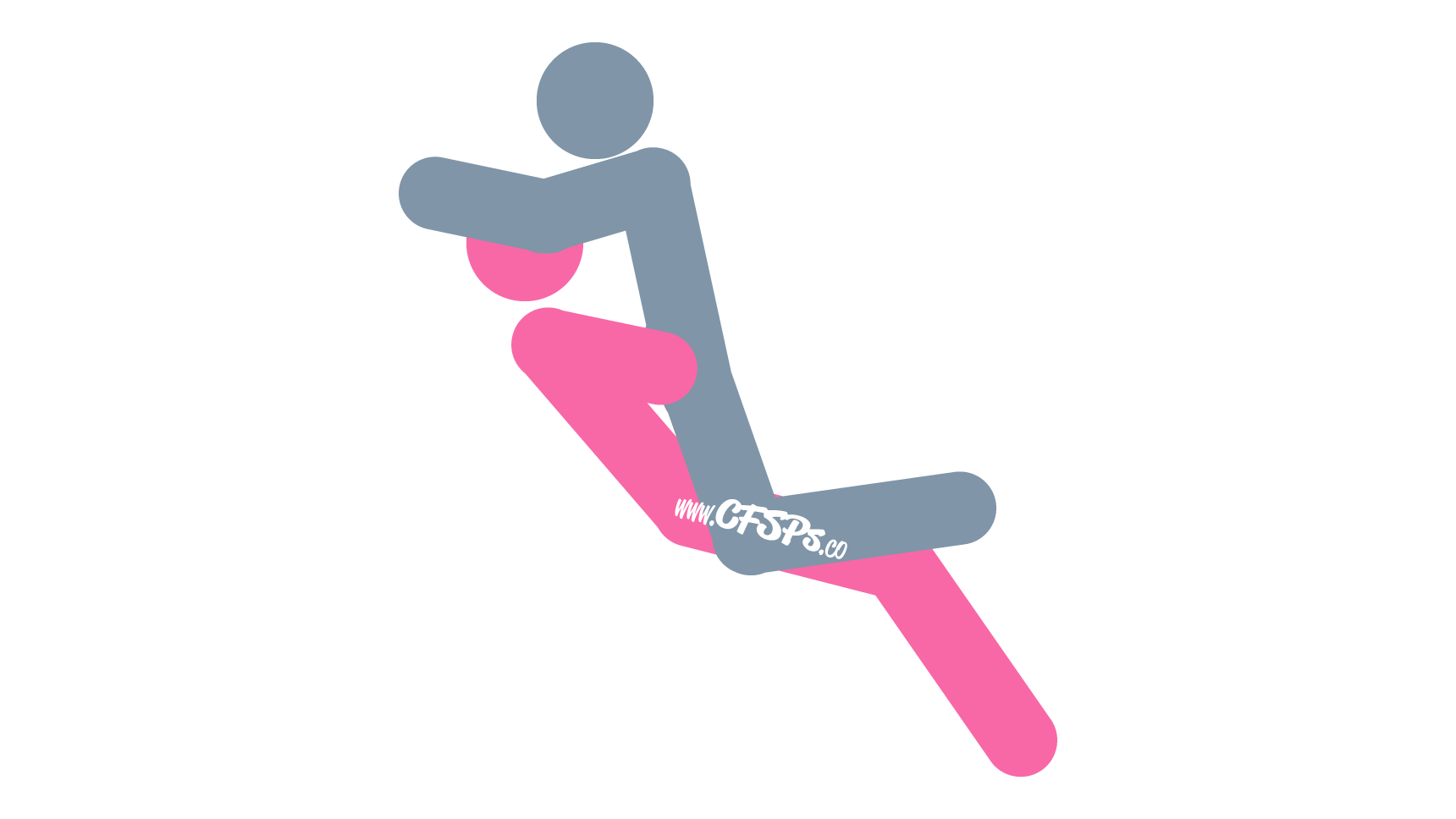 This stick figure image depicts a man and woman engaging in breast sex in the Happy Valley boob sex position. The woman is sitting in a recliner or sofa. The man is straddling her with his knees on the seat cushion on each side of her, leaning forward and supporting his upper body with his hands on the backrest.