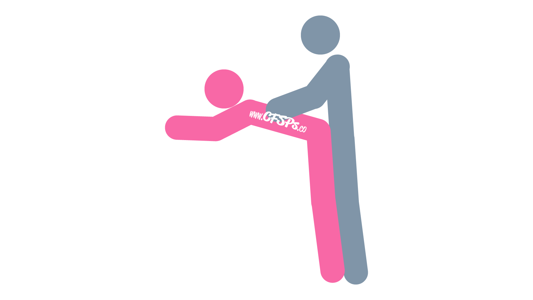 This stick figure image depicts a man and woman engaging in manual sex in the Lube Tube manual sex position. The woman is standing at the edge of the bed and leaning forward on it. The man is standing behind the woman.