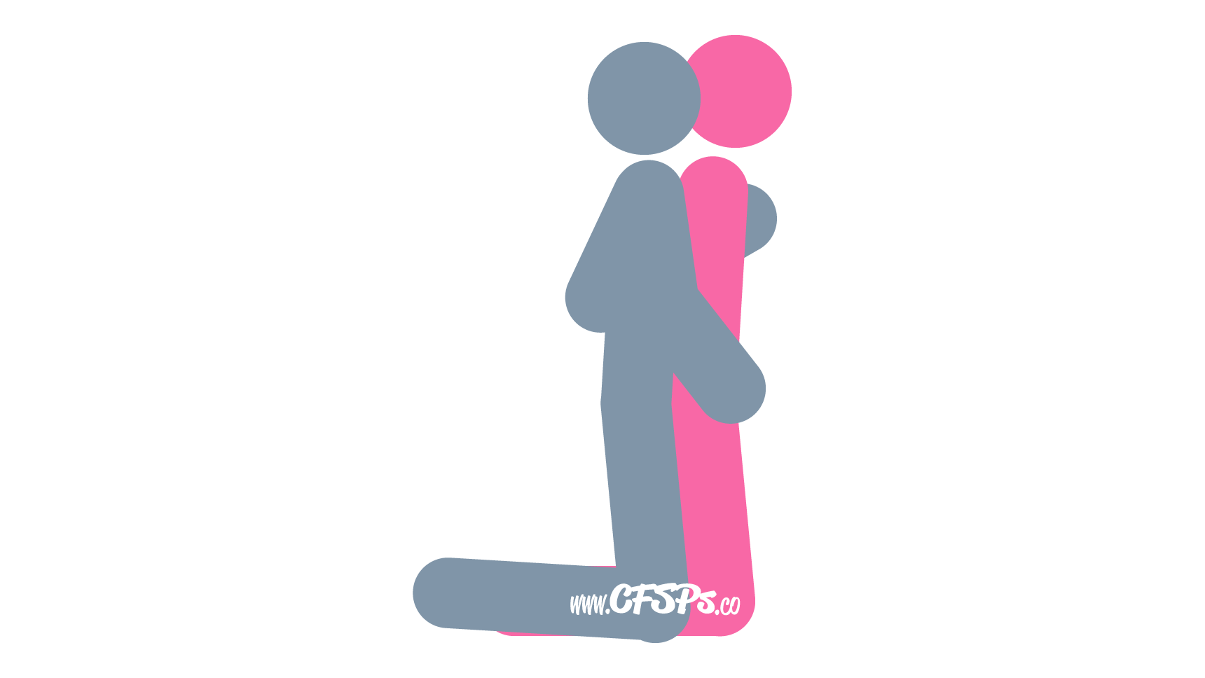 This stick figure image depicts a man and woman engaging in manual sex in the Oath manual sex position. The woman is kneeling. The man is kneeling behind her and manually stimulating her clitoris and breasts with his hands.