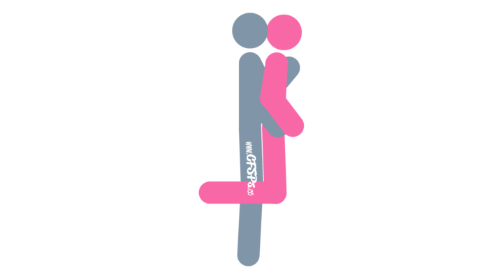 An illustration of the Hold Me Manual Stimulation Position. This sex picture demonstrates how Hold Me is a kneeling, edge-of-the bed manual sex position where the man rubs the woman's clitoris with one hand and her breast with his other hand.