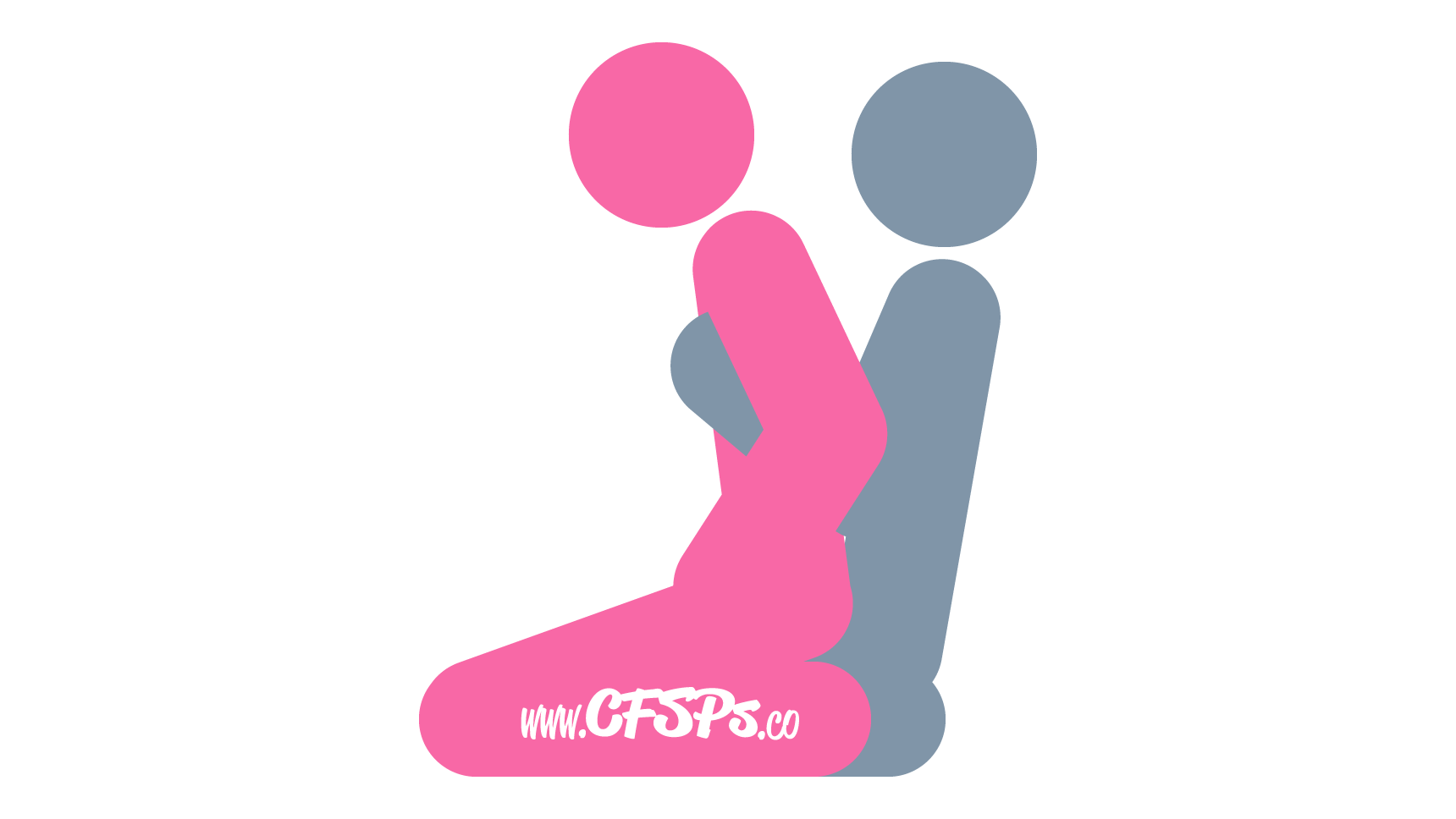 This stick figure image depicts a man and woman having sex in the Lap Dance sex position. The man is kneeling and sitting back on his feet. The woman is kneeling and sitting back on the man's lap while facing away from him, and the man is caressing her breasts while having sex with her.
