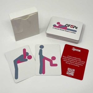 The Deck of Sex Position Cards by Christian-friendly Sex Positions features 52 cards that include a tastefully illustrated sex position on one side of each card and the position name, a brief description, and a QR code that links to a detailed description on the backside.