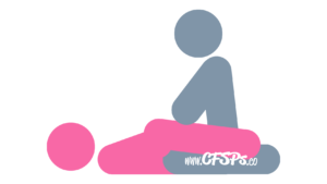 An illustration of the Splitting Queen Sex Position. This picture demonstrates how Splitting Queen is a comfortable kneeling sex position with access for manual clitoral stimulation and works well for overweight couples.