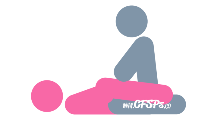 An illustration of the Splitting Queen Sex Position. This picture demonstrates how Splitting Queen is a comfortable kneeling sex position with access for manual clitoral stimulation and works well for overweight couples.