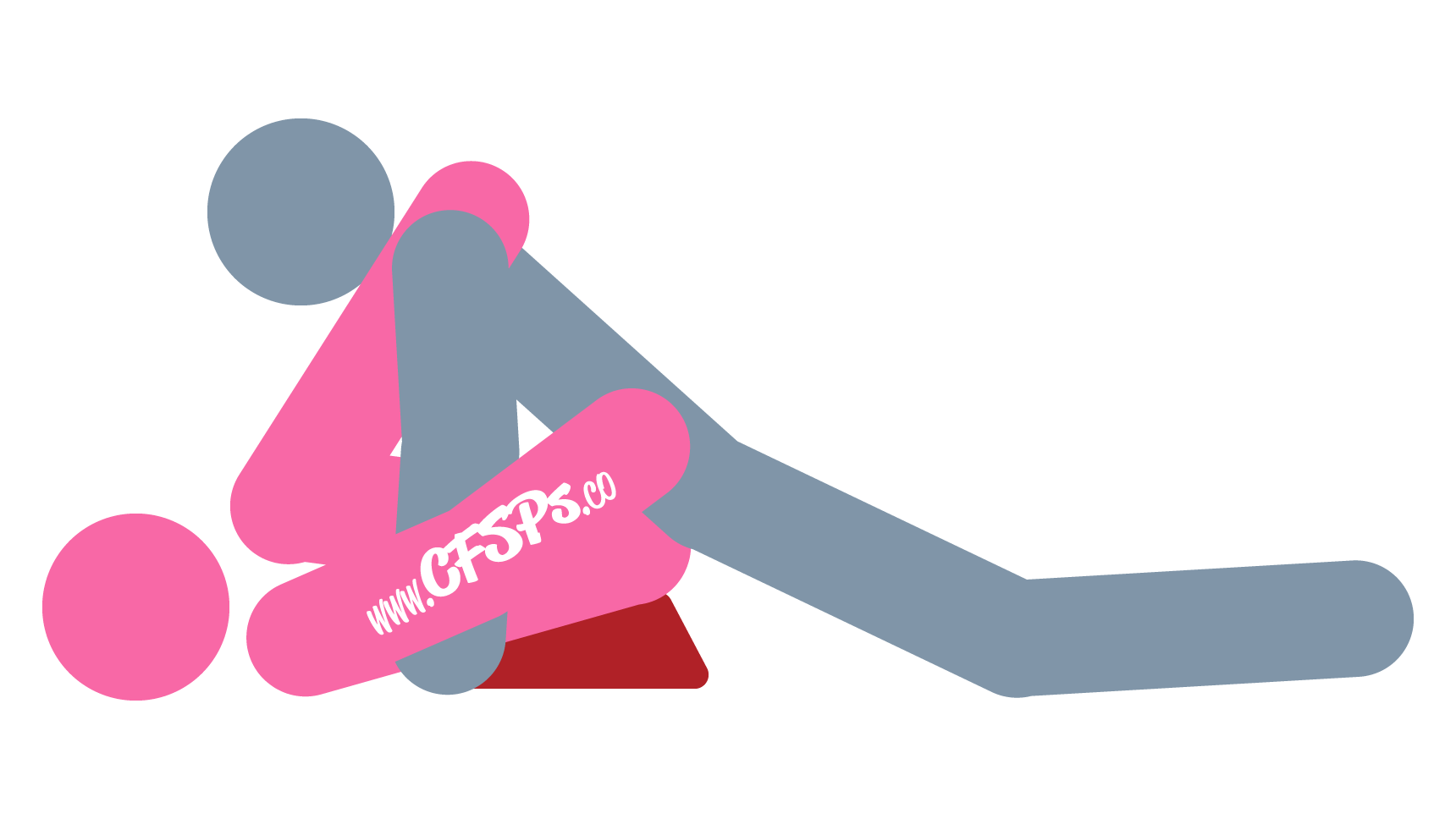 This stick figure image depicts a man and woman having sex using a Liberator Wedge in the Over Easy sex position. The woman is lying on her back with a wedge sex pillow under her butt, her knees lifted to her chest, and her ankles resting on his shoulders. The man is on top of her, supporting his upper body with extended arms on the bed near her shoulders.