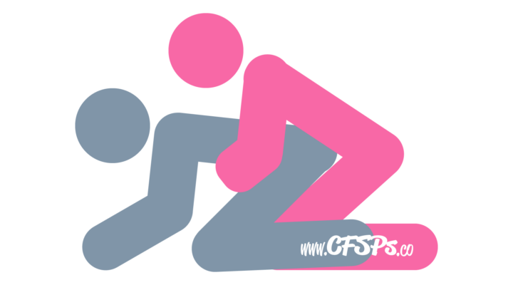 This stick figure image depicts a woman giving a man a handjob in the Lovebug handjob position. The man is on all fours. The woman is kneeling behind him, leaning forward onto his back, stroking his penis with her hand.