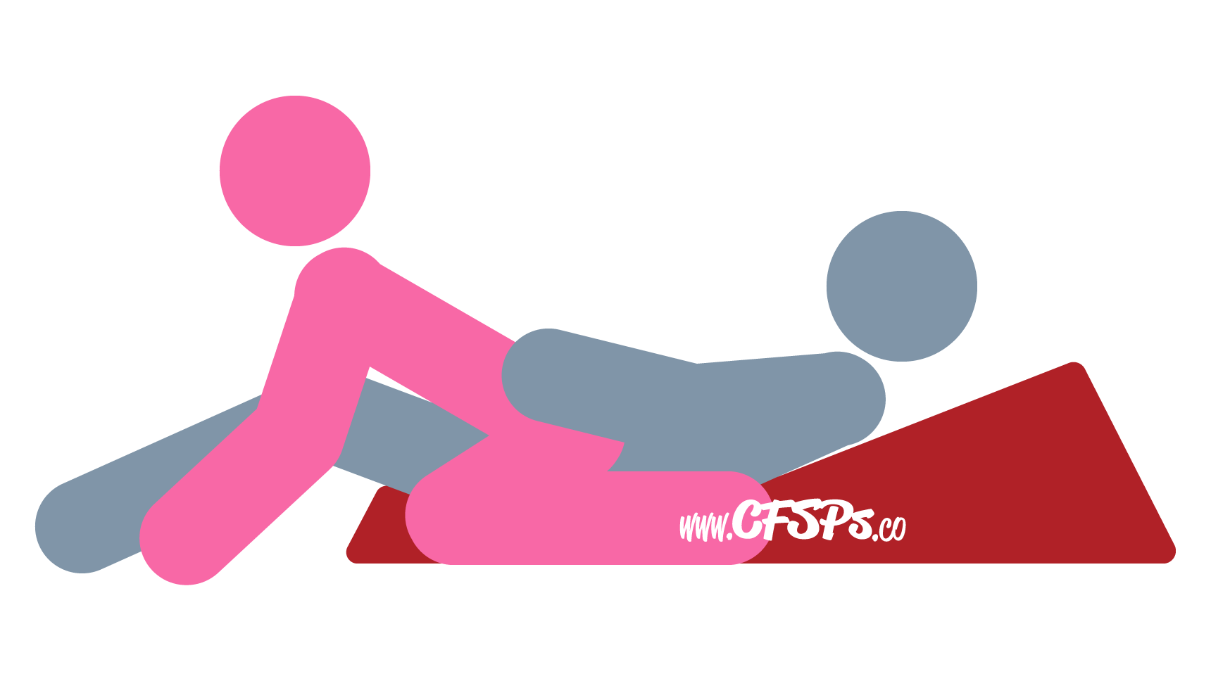 This stick figure image depicts a man and woman having sex using a Liberator Wedge Ramp in the Lustful Cobra sex position. The man is lying on his back with the ramp sex pillow under his back and his legs draped over the wedge. The woman is straddling the man's pelvis while facing away from him and supporting her upper body with her hands on the bed or his knees.