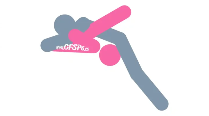 This stick figure image depicts a man and woman engaging in oral sex in the 69 Edge of the Bed oral sex position. The woman is lying on her back with her head off the edge of the bed and her knees lifted to her chest. The man stands at the edge of the bed with his pelvis near her face and leaning forward so that his face is near her vulva.