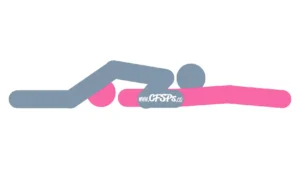 This stick figure image depicts a man and woman engaging in oral sex in the 69 Inverted oral sex position. The woman is lying on her back in bed. The man is lying on top of her while straddling her face with his pelvis and positioning his face near her pelvis.