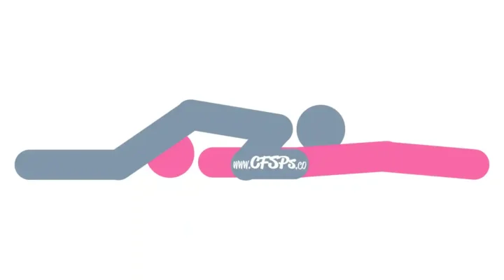 This stick figure image depicts a man and woman engaging in oral sex in the 69 Inverted oral sex position. The woman is lying on her back in bed. The man is lying on top of her while straddling her face with his pelvis and positioning his face near her pelvis.