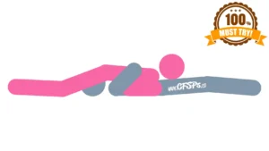 This stick figure image depicts a man and woman engaging in oral sex in the 69 oral sex position. The man is lying on his back in bed. The woman is straddling his head with her pelvis near his face and her face positioned near his pelvis.