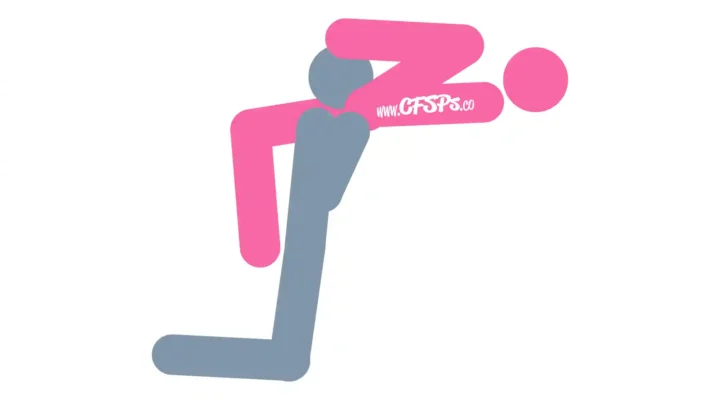 This stick figure image depicts a man and woman engaging in oral sex in the All Yours cunnilingus sex position. The woman is lying on her back with her butt at the edge of the bed. One of her legs is hanging off the bed, and the other is up, bent with her knee near her chest. The man is kneeling at the edge of the bed with his face between her legs.