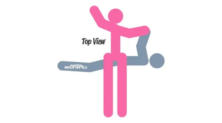 This stick figure image depicts a man and woman having sex in the April Fool's Paradise sex position. The woman is lying on her back with her legs draped over the man's pelvis while he's on his side perpendicularly to her body.