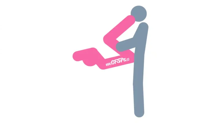 This stick figure image depicts a man and woman having sex in the Armrest Yes sex position. The woman is lying on the recliner or sofa with her butt on the armrest and her body on the seat cushion. Her legs are up in the air, and her knees are slightly bent. The man is standing near the armrest, holding her legs for support.