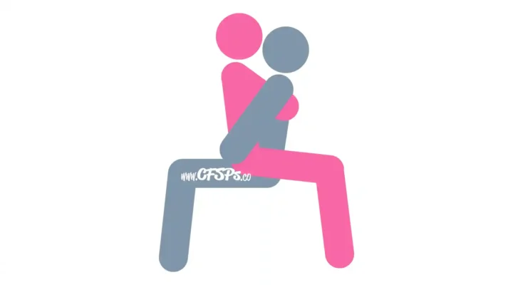 This stick figure image depicts a man and woman having sex in the Bad Santa sex position. The man is sitting on an armless chair. The woman is straddling his pelvis with her breasts near his face and legs behind him.