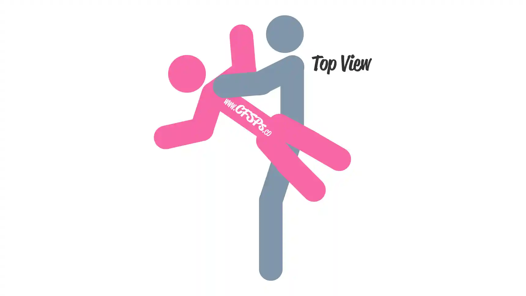 This stick figure image depicts a man and woman having sex in the banana pancakes sex position. The woman is lying on her back with her legs together and draped over the man's hip. The man is lying on his side perpendicular to the woman's body with his pelvis against hers.