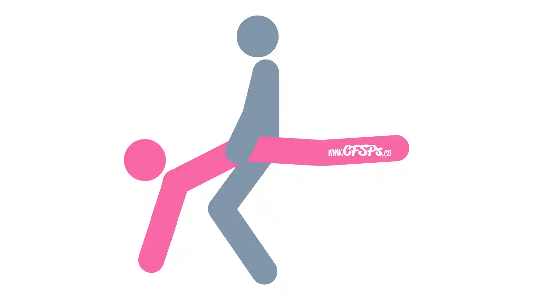 This stick figure image depicts a man and woman having sex in the Bringing Up the Rear sex position. The man is standing with his calves pressing against the ottoman or sofa. The woman is straddling his pelvis while supporting her body with the tops of her feet on the ottoman and her arms on the floor. Her body is perpendicular to his.