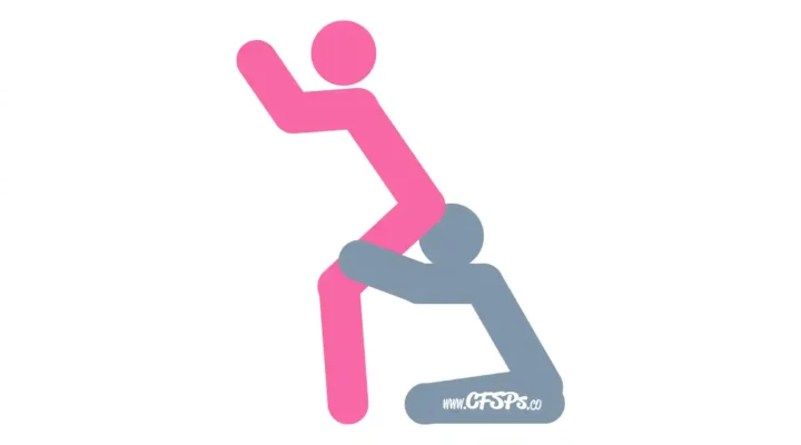 This stick figure image depicts a man and woman engaging in oral sex in the Butler cunnilingus sex position. The woman is standing, squatting a little, and poking her butt out. The man is kneeling behind her and has his hands on her thighs with his face near her vulva.