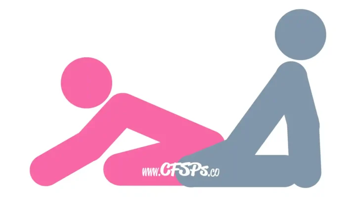 This stick figure image depicts a man and woman having sex in the Camel Style 1 sex position. The man is kneeling, sitting back on his feet, and supporting his upper body with his arms behind him as he leans back a little. The woman is sitting back on her knees between his legs onto his pelvis while facing away from him and leaning forward with her hands on the bed.