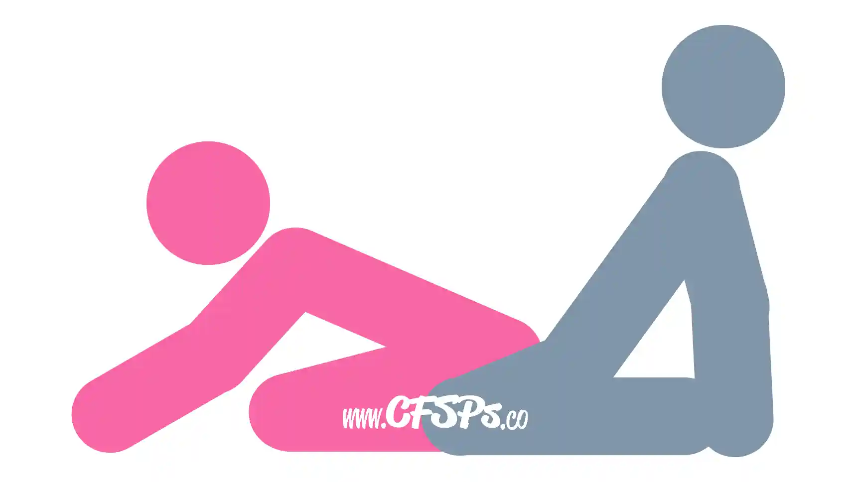 This stick figure image depicts a man and woman having sex in the Camel Style 1 sex position. The man is kneeling, sitting back on his feet, and supporting his upper body with his arms behind him as he leans back a little. The woman is sitting back on her knees between his legs onto his pelvis while facing away from him and leaning forward with her hands on the bed.