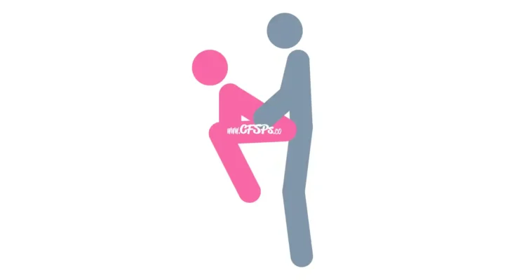 This stick figure image depicts a man and woman having sex in the Challenge sex position. The woman is standing on a chair and squatting down so that her butt hangs off while she holds onto the back of the chair for support. The man is standing behind her and holding onto her hips.