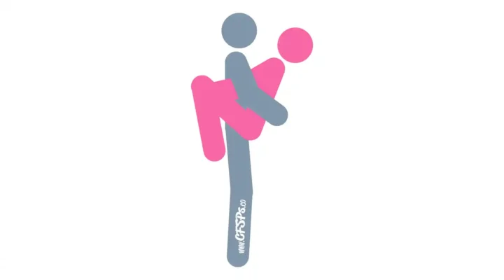 This stick figure image depicts a man and woman having sex in the Clasp sex position. The man is standing. The woman is positioned with her arms around his back and legs around his pelvis. The man's arms are around her back for support.