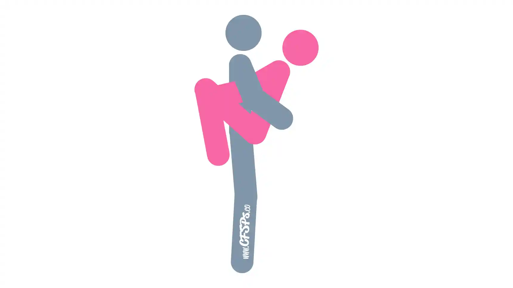 Clasp Sex Position This stick figure image depicts a man and woman having sex in the Clasp sex position. The man is standing. The woman is positioned with her arms around his back and legs around his pelvis. The man's arms are around her back for support.