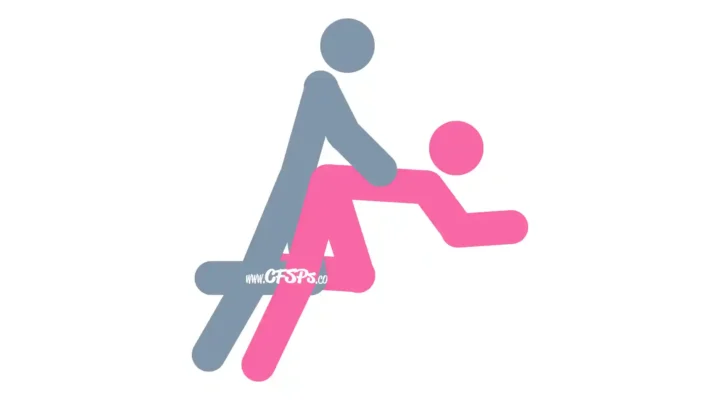 This stick figure image depicts a man and woman having sex in the Couchtastic sex position. The woman is positioned on the couch with one knee on the seat cushion, the other foot on the floor, and her elbows supporting her upper body on the armrest. The man is positioned behind her with one knee on the seat cushion, the other foot on the floor, and his hands on her hips.