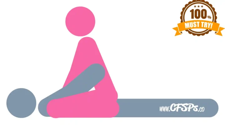 This stick figure image depicts a man and woman having sex in the Cowgirl sex position. The man is lying on his back with his legs together. The woman is straddling his pelvis with her knees near his shoulders.