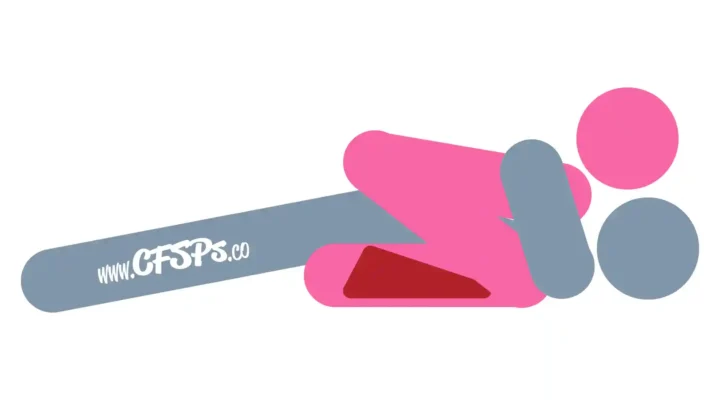 This stick figure image depicts a man and woman having sex in the Divine Lift sex position. The man is lying on his back with a Liberator Wedge sex pillow under his butt. The woman is straddling his pelvis, leaning forward, and supporting herself with her elbows near his head.