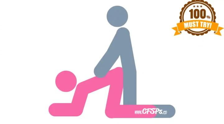 This stick figure image depicts a man and woman having sex in the Doggy Style sex position. The woman is on all fours. The man is kneeling behind her between her legs with his hands on her back.