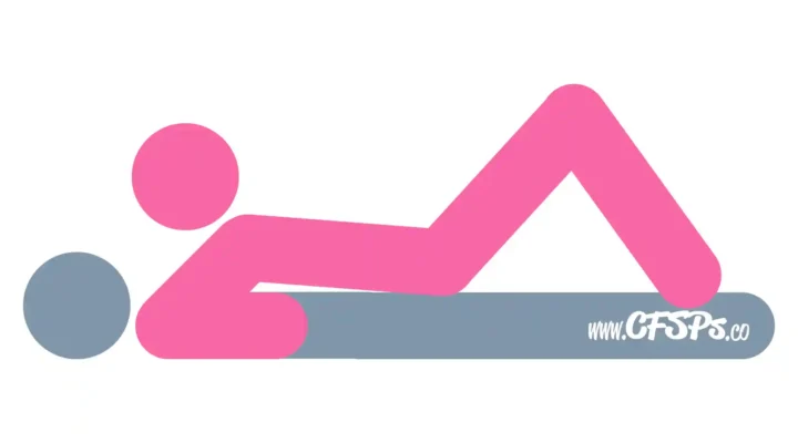 This stick figure image depicts a man and woman having sex in the Double Decker sex position. The man is lying on his back with his legs together. The woman is lying on her back on top of him with her knees bent and feet on the bed near his feet, and her elbows supporting her near his shoulders.