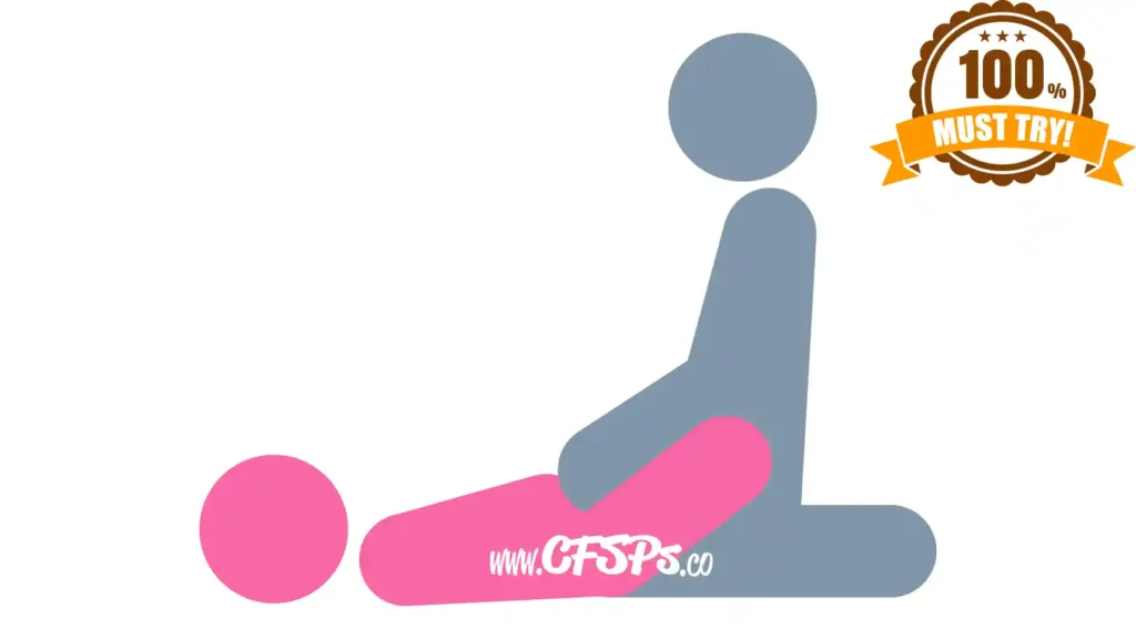 This stick figure image depicts a man and woman having sex in the Dragonfly sex position. The woman is lying on her back with her knees near her chest, legs open wide, and feet touching the man's hips. The man is kneeling and sitting on his feet in front of her with his legs open and knees by her hips.