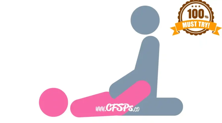 This stick figure image depicts a man and woman having sex in the Dragonfly sex position. The woman is lying on her back with her knees near her chest, legs open wide, and feet touching the man's hips. The man is kneeling and sitting on his feet in front of her with his legs open and knees by her hips.