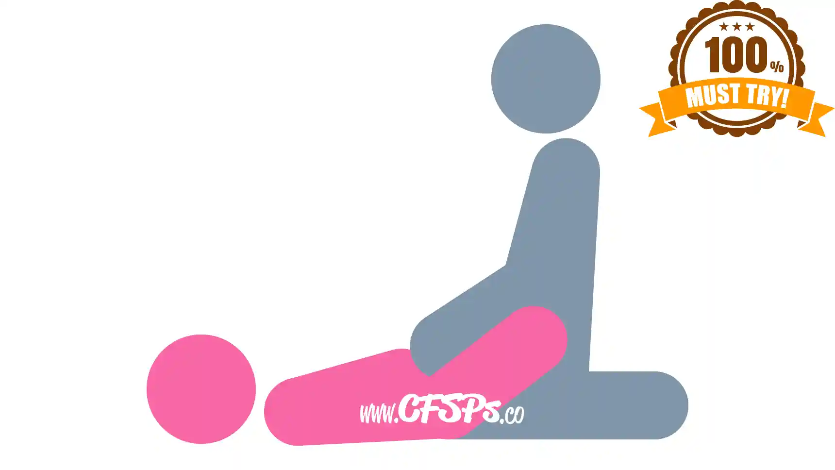 This stick figure image depicts a man and woman having sex in the Dragonfly sex position. The woman is lying on her back with her knees near her chest, legs open wide, and feet touching the man's hips. The man is kneeling and sitting on his feet in front of her with his legs open and knees by her hips.