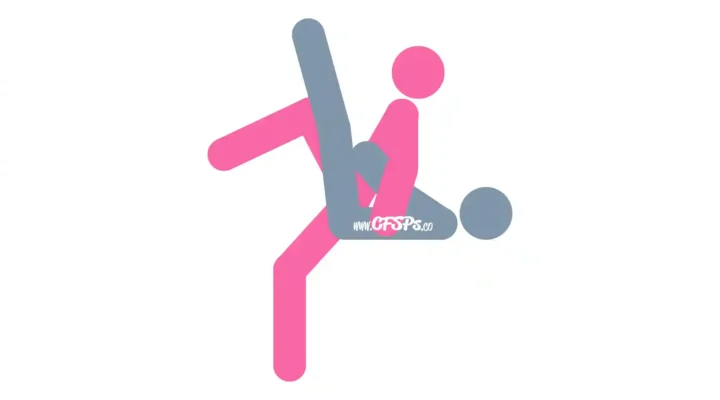 This stick figure image depicts a man and woman having sex in the Edward Scissorlegs sex position. The man is lying on his back with his butt at the edge of the bed, his legs up in the air and open a little. The woman is sitting on his pelvis with her back facing him, one leg bent and brought about halfway up to her chest. She's also leaning back and supporting her body with her arms on the bed near his sides.