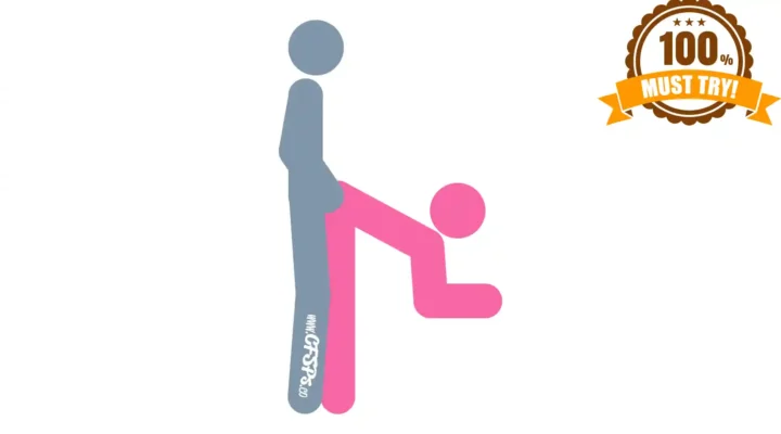 This stick figure image depicts a man and woman having sex in the Fan sex position. The woman is standing, leaning forward, and supporting herself with her elbows on a coffee table. The man is standing behind her and holding her hips.