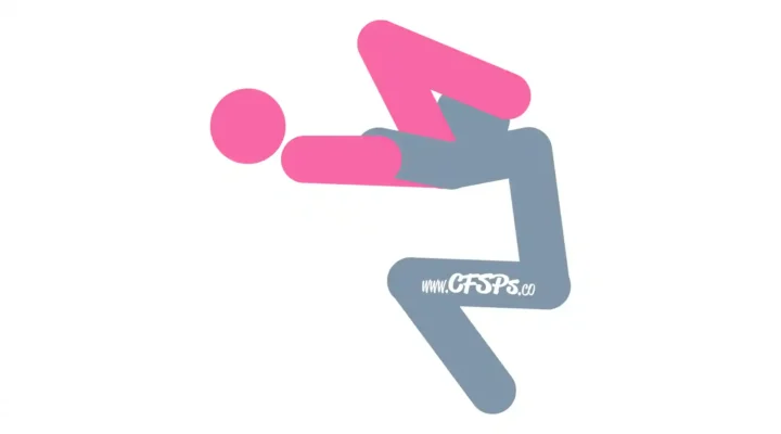 This stick figure image depicts a man and woman engaging in oral sex in the Feast cunnilingus sex position. The woman is lying on her back on a table with her butt at the edge, legs up in the air, and knees bent. The man is sitting in a chair at the table with his face between her legs and hands caressing her breasts.