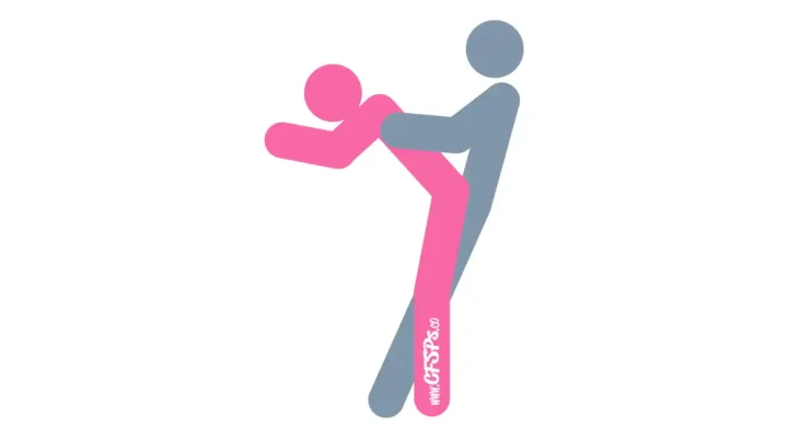 This stick figure image depicts a man and woman having sex in the Frame Job sex position. The man is standing a few feet from a door frame with his legs together and leaning back onto the door frame. The woman is standing with her feet outside his, her butt pressed against his pelvis, and she's leaning forward with her hands on the other door frame in front of her.