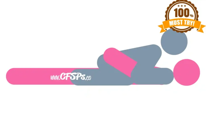 This stick figure image depicts a man and woman having sex in the grinder sex position. The woman is lying on her back with her legs closed. The man is straddling the woman with his bent knees on the bed near her sides, and his elbows support his upper body on the bed near her shoulders.